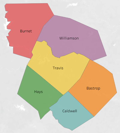 Greater Austin 6-county area map