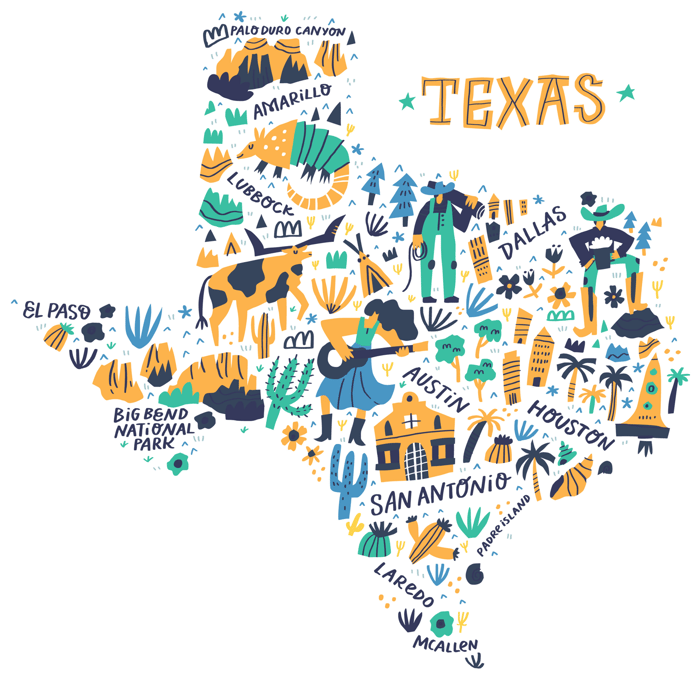 Cartoon map of Texas
